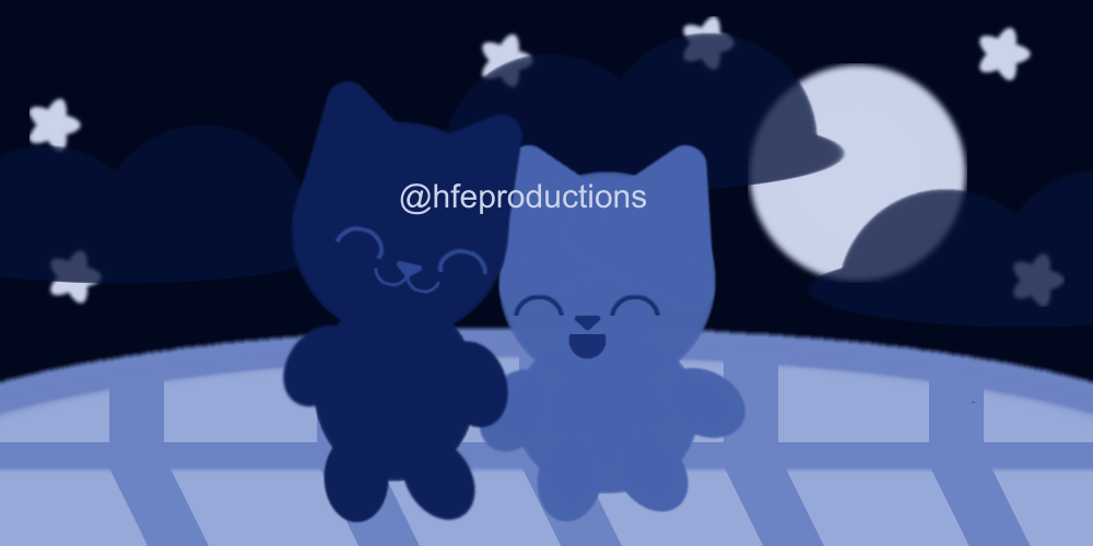 a cloudy, starry night sky featuring a full moon. two anthro cats are holding paws as they walk across a bridge.