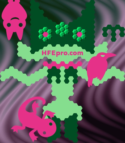 meowscarada standing, looking at the viewer, with its arms out wide and shrugging. swirling background. salamander by meowscarada's legs. raven on meowscarada's left arm (viewer's right). bat hanging from top left of the image.